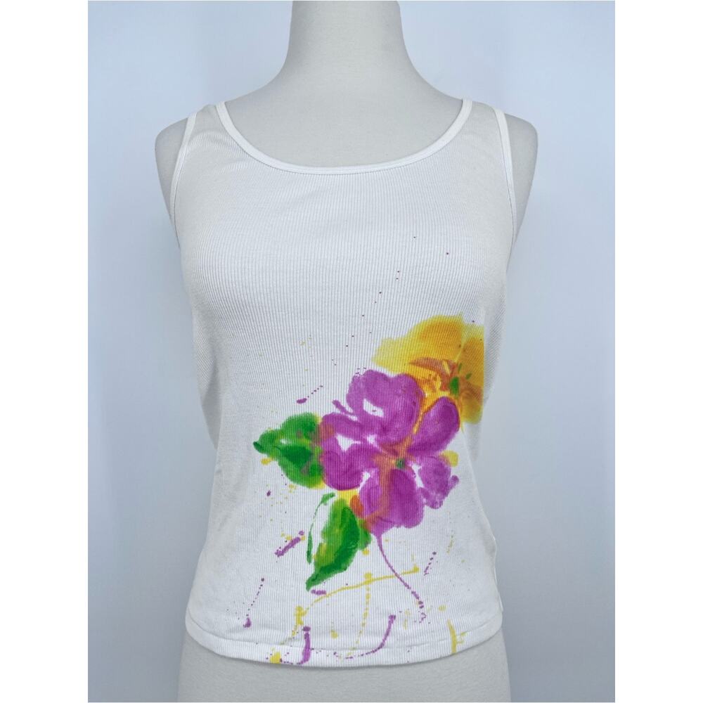 Ralph Lauren Y2K Graphic Floral Tank Medium White XS Ribbed Baby Tee Layering - Picture 2 of 7